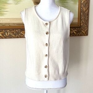 Magaschoni Cream/Ivory Cotton Knit Sleeveless Button Down Sweater Vest Sz L
